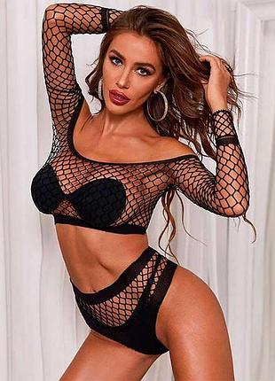 Идеальный комплект с топом и трусиками в сетку - черный - s/м – эротическое бельё drive