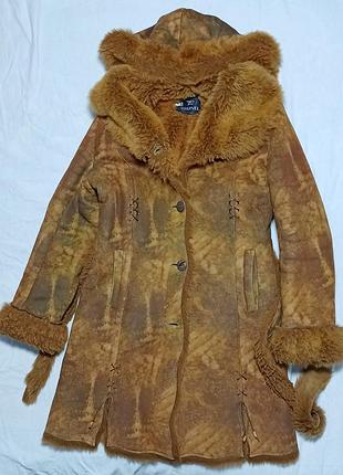 Винтаж женская дубленка с капюшоном (искусственный мех) prunel m