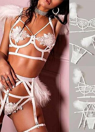 Эффектный эротический комплект с подвязками для чулок - белый - s/m – эротическое бельё drive