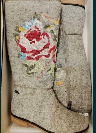 Сапоги-валянки жіночі elche 37 сірі з квітами натуральна вовна