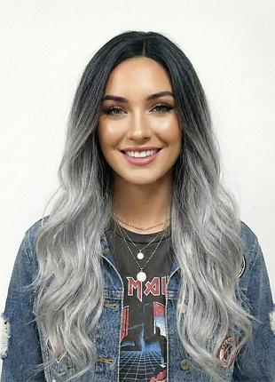 Парик женский волнистый серо-черное омбре искусственные волосы термостойкий 70 см