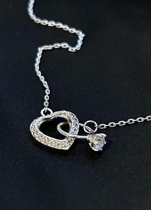Кольє срібло 925 проби сердечко з камінчиками ланцюжок регулюється позолота