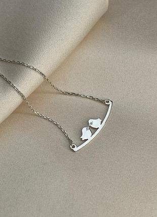 Кольє срібло 925 проби дві пташки сердечко з камінчиками ланцюжок регулюється позолота