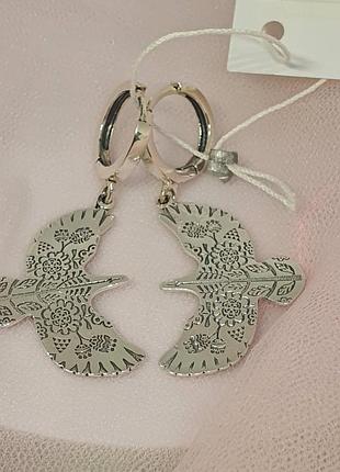 Сережки срібні пташка горлиця вишиванка (конго застібка)