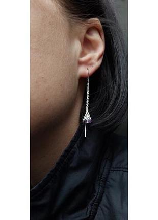 Сережки протяжки срібло 925 проби пірамідки з камінчиком позолота