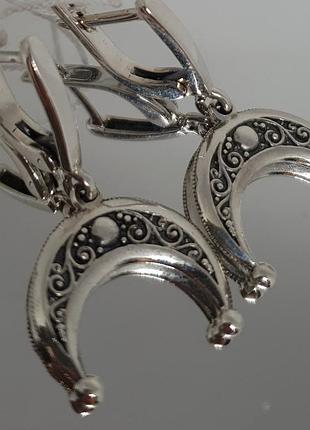 Срібні сережки лунниця ажурна 925 проба застібка чорніння конго