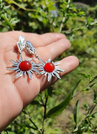 Срібний 925 проба комплект прикрас сережки і браслет сонце з камінням позолота