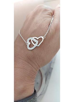 Кольє срібло 925 проби два сердечка ланцюжок регулюється з камінчиками позолота