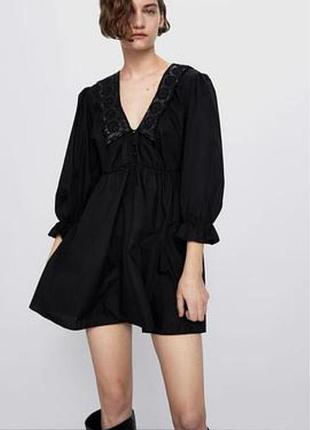 Черное платье от zara с кожаным кружевным воротником 42-44