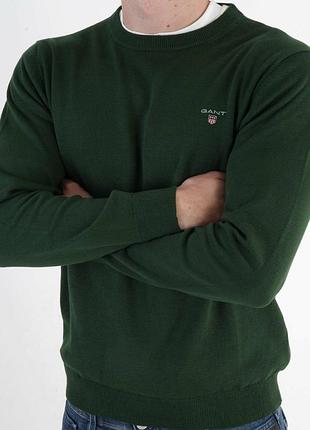 Бренду gant, мужской классический свитер, джемпер с круглым вырезом горловины, зеленого цвета.
