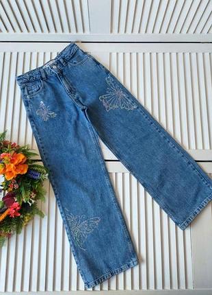 Джинсы широкие wide leg на девушку 9-10роков, рост 140 см голубые с пайеткой бабочки