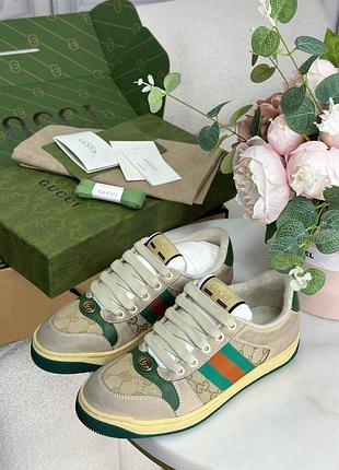 Жіночі бежеві зелені кросівки кеди люкс бренд гучі гуччі