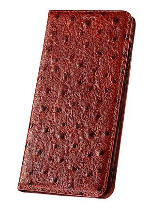 Чехол на xiaomi redmi note 14 4g книжка из натуральной премиум кожи с подставкой противоударный магнитный "ostrich" "страус" - красно-коричневый