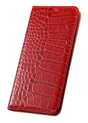 Чехол на xiaomi redmi note 14 4g книжка из натуральной премиум кожи с подставкой противоударный магнитный "crocodile" "крокодил" - красный