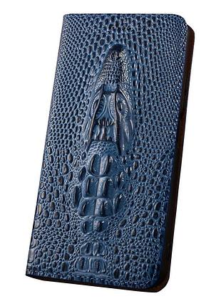 Чехол на xiaomi redmi note 14 4g книжка из натуральной премиум кожи с подставкой противоударный магнитный 3d "crocohead" "голова крокодила" - синий