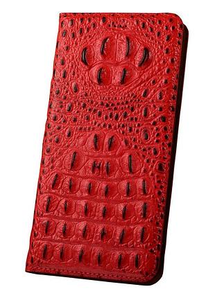 Чехол на xiaomi redmi note 14 4g книжка из натуральной премиум кожи с подставкой противоударный магнитный 3d "crocohead" "холка крокодила" - красный