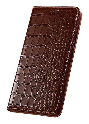 Чехол на xiaomi redmi note 14 4g книжка из натуральной премиум кожи с подставкой противоударный магнитный "crocodile" "крокодил" - темно-коричневый