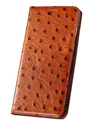 Чехол на xiaomi redmi note 14 4g книжка из натуральной премиум кожи с подставкой противоударный магнитный "ostrich" "страус" - светло-коричневый