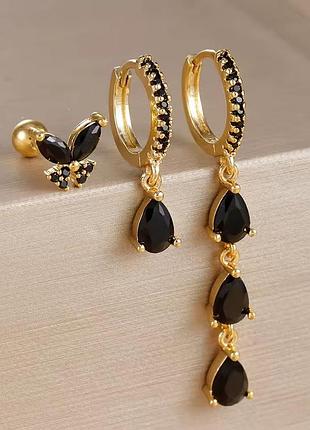 Набір 3 сережки чорні камінці нержавіюча сталь stainless steel