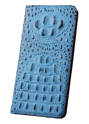Чехол на xiaomi redmi note 14 4g книжка из натуральной премиум кожи с подставкой противоударный магнитный 3d "crocohead" "холка крокодила" - голубой