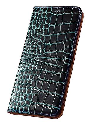 Чехол на xiaomi redmi note 14 4g книжка из натуральной премиум кожи с подставкой противоударный магнитный "crocodile" "крокодил" - синий