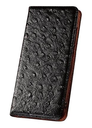 Чехол на xiaomi redmi note 14 4g книжка из натуральной премиум кожи с подставкой противоударный магнитный "ostrich" "страус" - черный