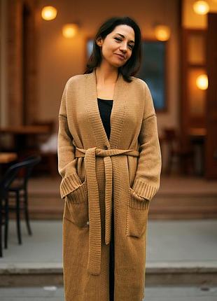 Вязаный кардиган пальто крупной вязки цвет кэмел
