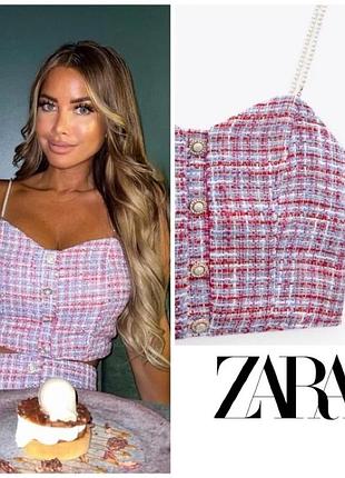 Топ майка твідовий вкорочений топ в клітинку з перлинами zara m