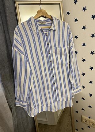 Льняна натуральна жіноча сорочка у смужку,полосата подовжена оверсайз рубашка,блуза льон,вільний фасон смугаста стильна,базова біла з блакитним