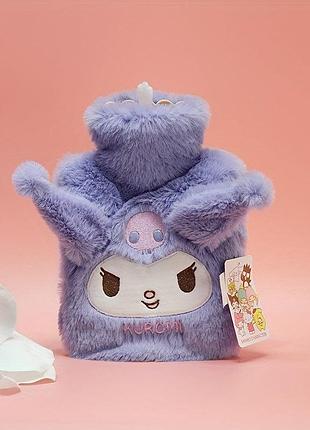 Грелка плюшевая объем 1000 мл kuromi куроми, грелка резиновая в плюшевом чехле hello kitty 1л
