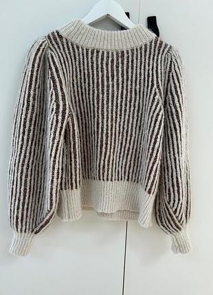 Теплий вʼязаний светр з обʼємними ажурними рукавами у смужку,теплий мʼякий пухнастий джемпер,жіноча кофта,коричневий бежевий білий з манжетами