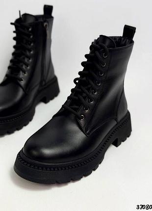 ▪️жіночі шкіряні ботинки чорні на шнурівці короткі берці чоботи тракторна танкетка платформа натуральна шкіра хутро зима женские зимние кожаные черные