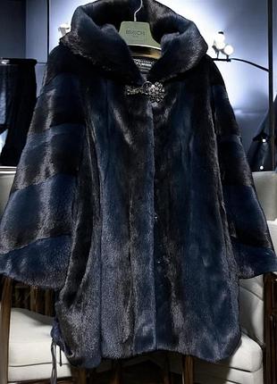 Шуба норкова з капюшоном nafa відтінок лагуна р.46-48