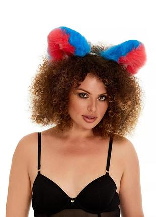 Хутряні вушка кішки триколірні: яскраво-блакитний, яскраво-рожевий, білий okova sexual fantasy