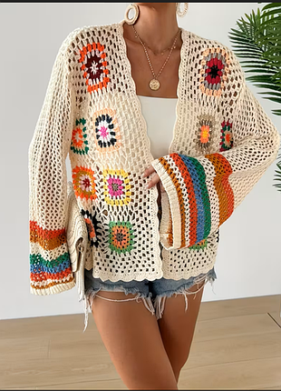 Кардиган сеточка вязаный яркий р. 46-50 бохо стиль