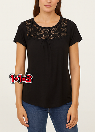 🎁1+1=3** фирменная черная женская футболка с кружевом marks&amp;spencer, размер 46 - 48