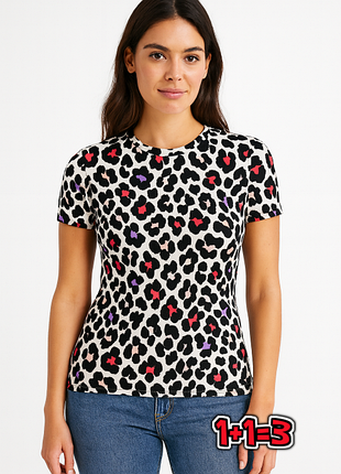🎁1+1=3** фирменная леопардовая женская футболка хлопок marks&amp;spencer, размер 46 - 48