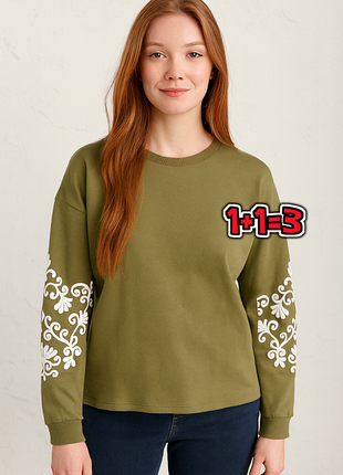🎁1+1=3** стильный женский свитшот свитер с вышивкой на рукавах nutmeg, размер 50 - 52