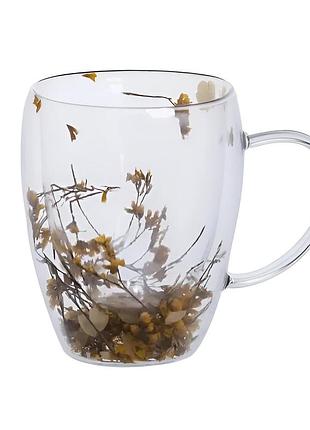 Стеклянная чашка с двойным дном 350 мл для напитков прозрачная кружка с двойными стенками и декором сухоцветов для кофе и чая