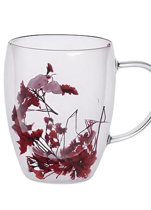 Стеклянная чашка с двойным дном 350 мл для напитков прозрачная кружка с двойными стенками и цветочным декором для кофе и чая