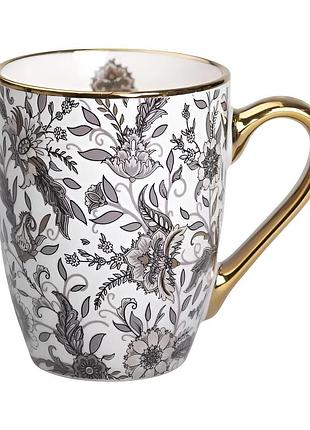 Фарфоровая чашка 400 мл с золотой ручкой в винтажном стиле для напитков классическая глянцевая чашечка с узором для кофе и чая