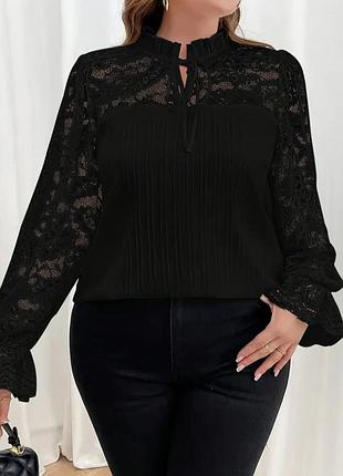 Шикарная нарядная блуза, рубашка скружевом, р. 4xl, наш 60-66, черная, супер батал!
