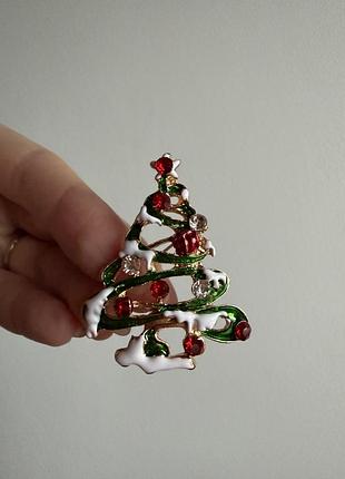 Металева брошка “сніжна ялинка в блискітках” – новорічна брошка