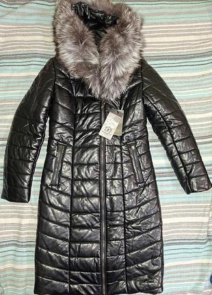 Новая теплая кожаная куртка с натуральным мехом песца размер 46 кожа удлиненная 100см