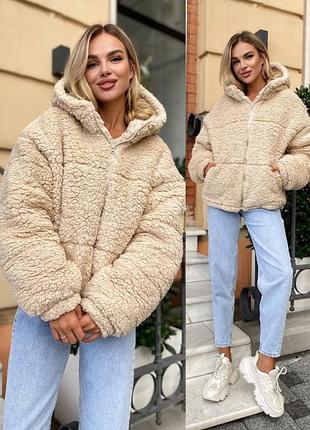 Хутряна жіноча утеплена куртка тедді з капюшоном, шубка тедді, шуба тедді