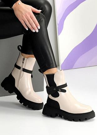 Элегантные женские бежевые ботинки зимние ботинки теплые на меху эко-кожа зима