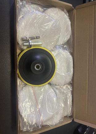 Пластикова насадка з липучкою d100 мм + набір кіл вовняних 8 шт, диски 100 мм на липучці для полірування авто