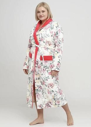 Теплый халат на запах махра с воротником цветочный принт 999