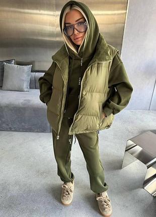Костюм женский тройка ( двусторонний жилет+худи+брюки)