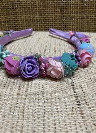 Дитячий обруч для волосся з квітами фіолетовий мятний рожевий віночок